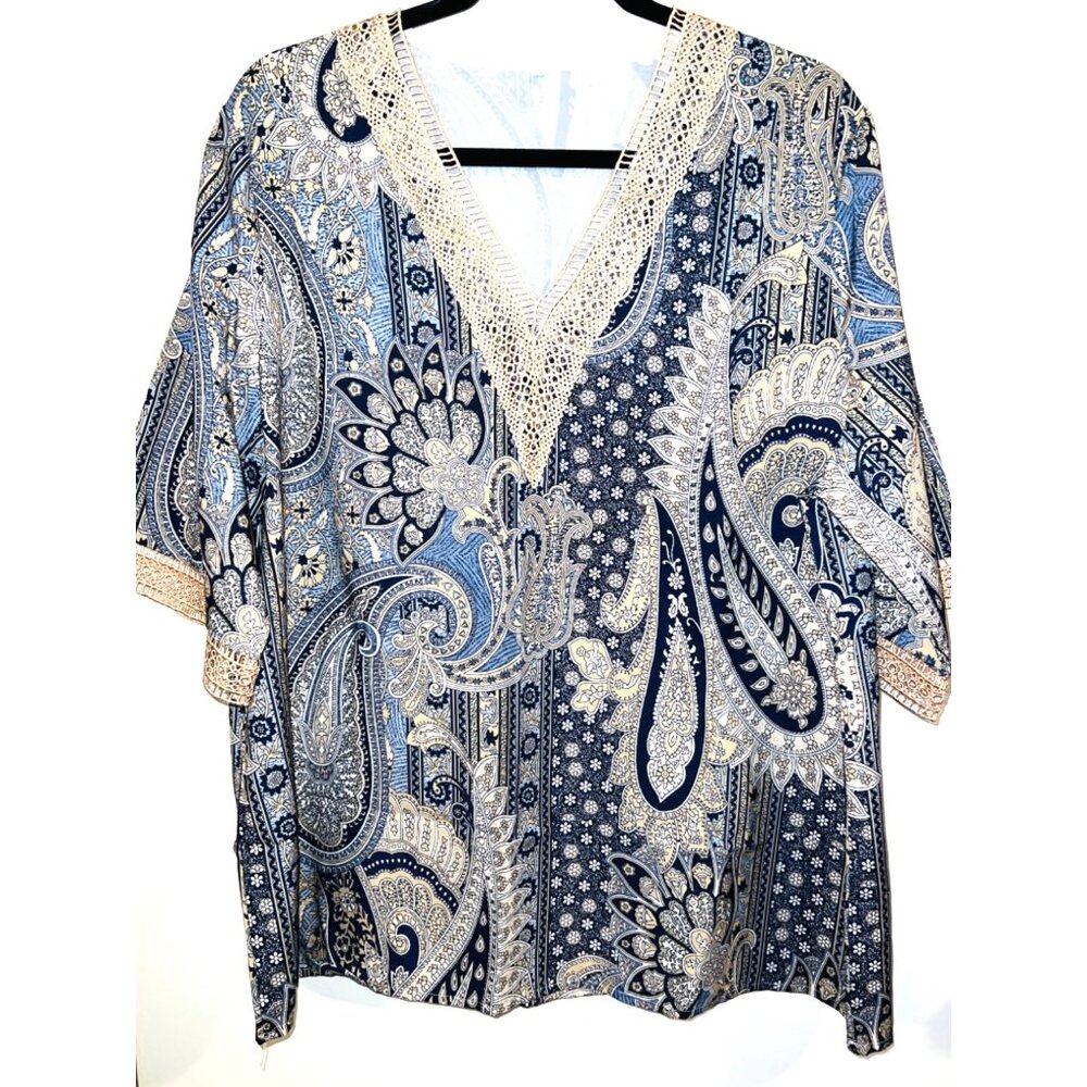 Paisley Print Womens Top With Gold Crochet Neckline Size 1XL